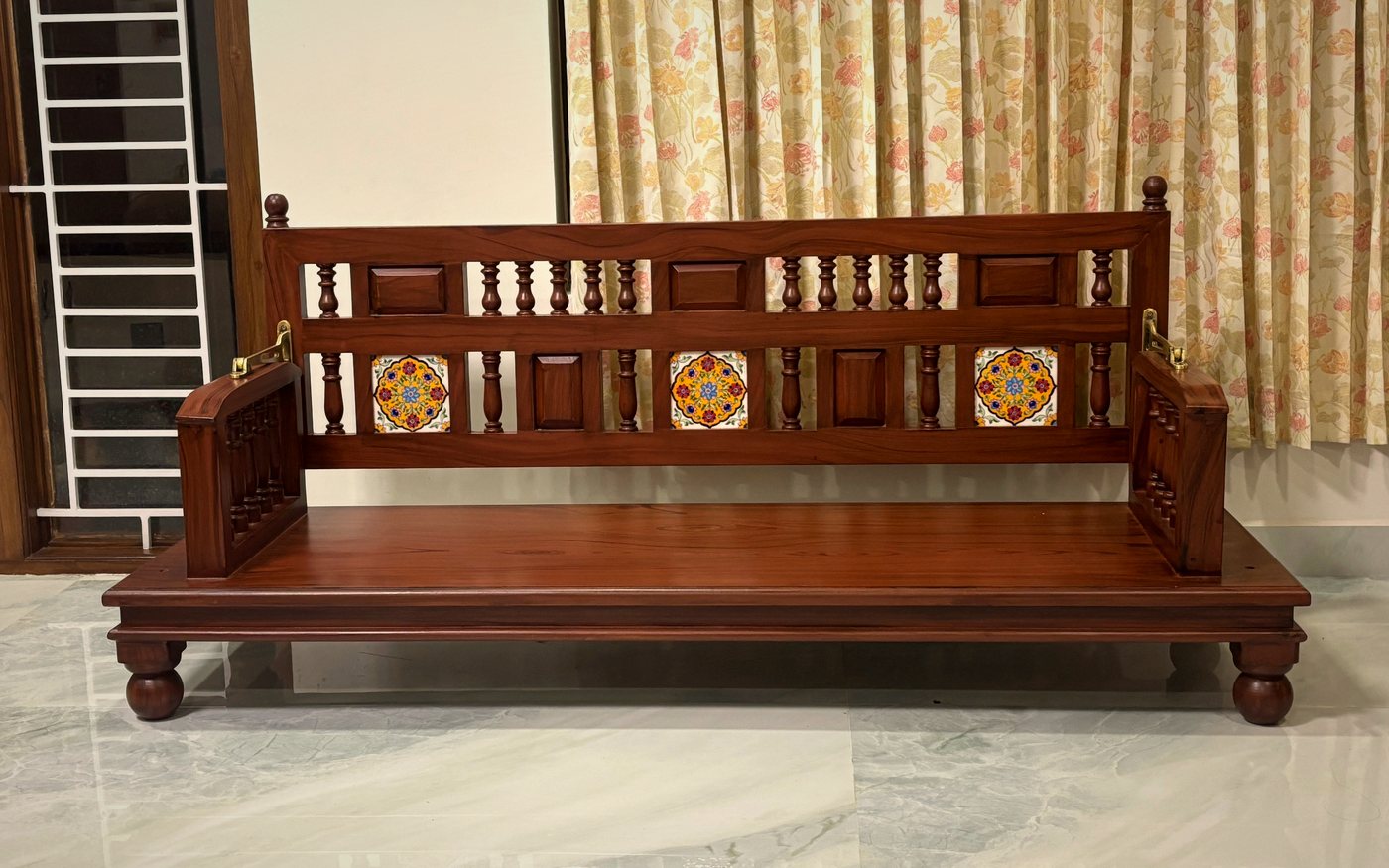 Teak Chettinad bench with hand-painted tiles and turned spindles