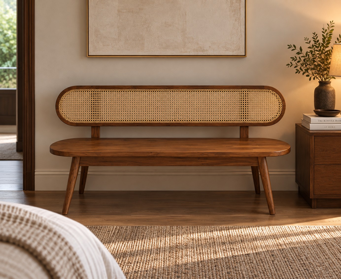 Teak cane-back bench at the foot of a bed, on a jute rug