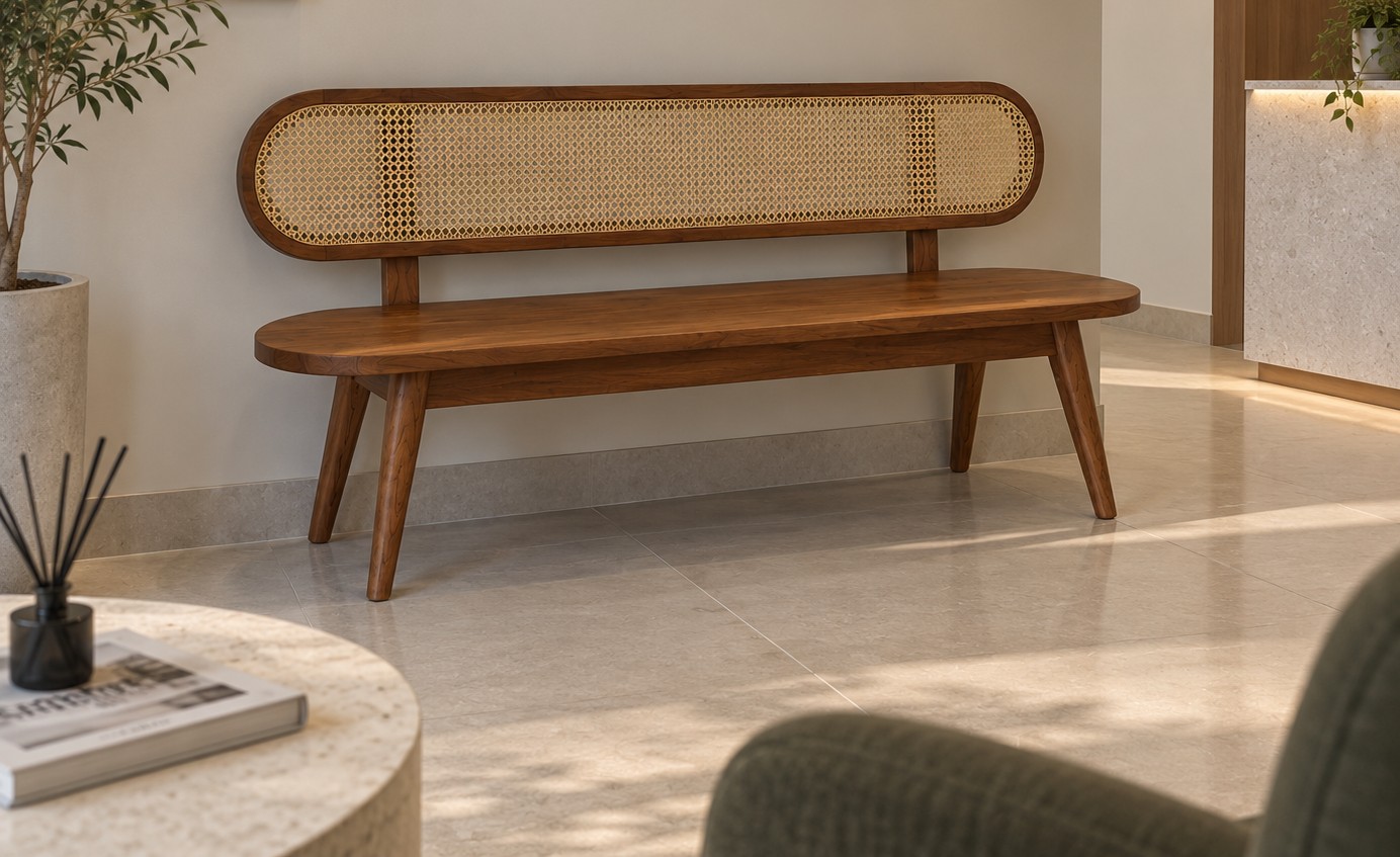 The same bench used as seating in a reception waiting area