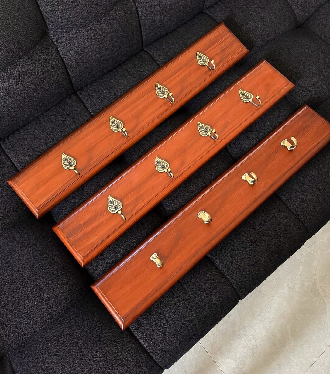Teak wall hangers with cast brass hooks